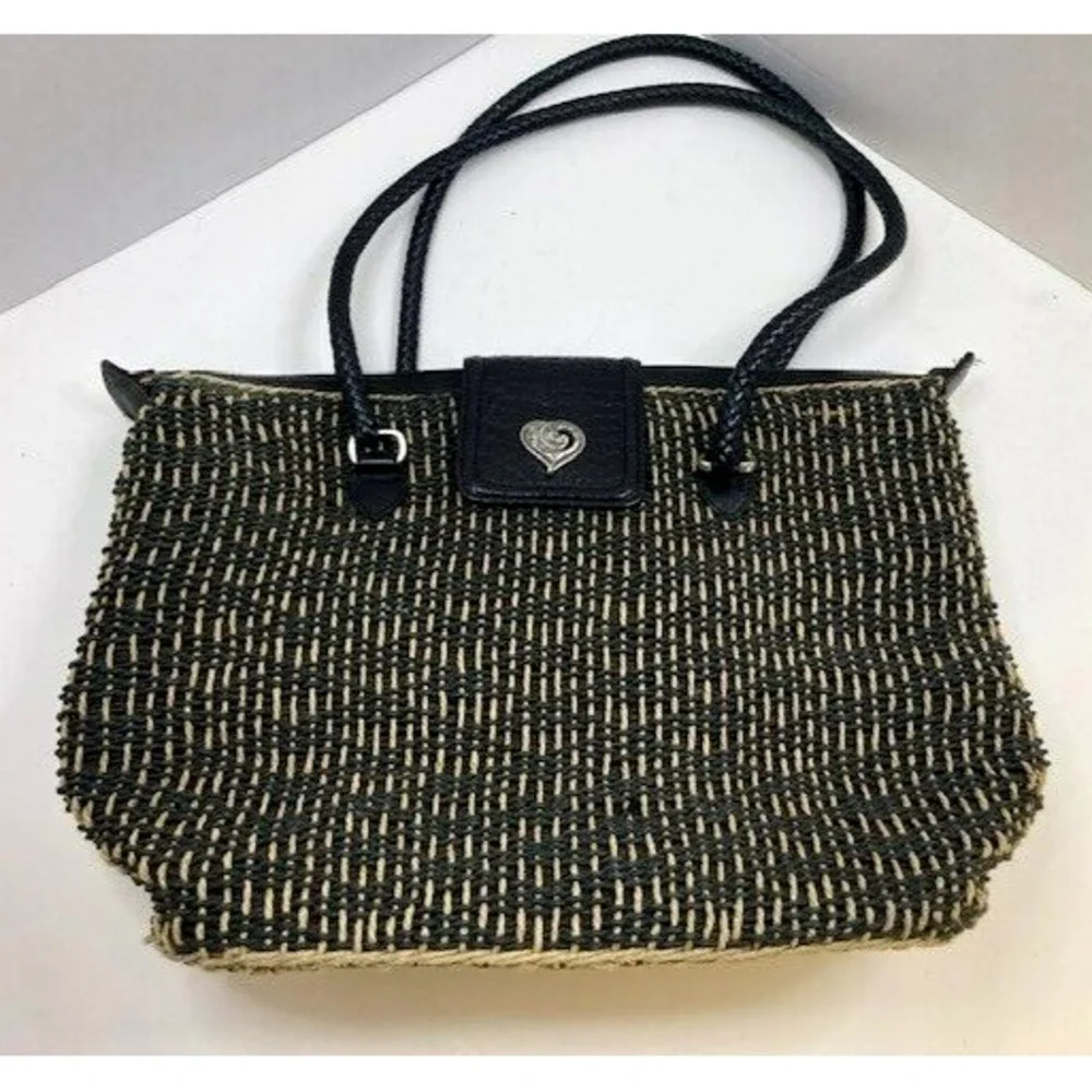 Brighton Women's Woven Black Leather Braided Strap Charm Straw Handbag Purse 14